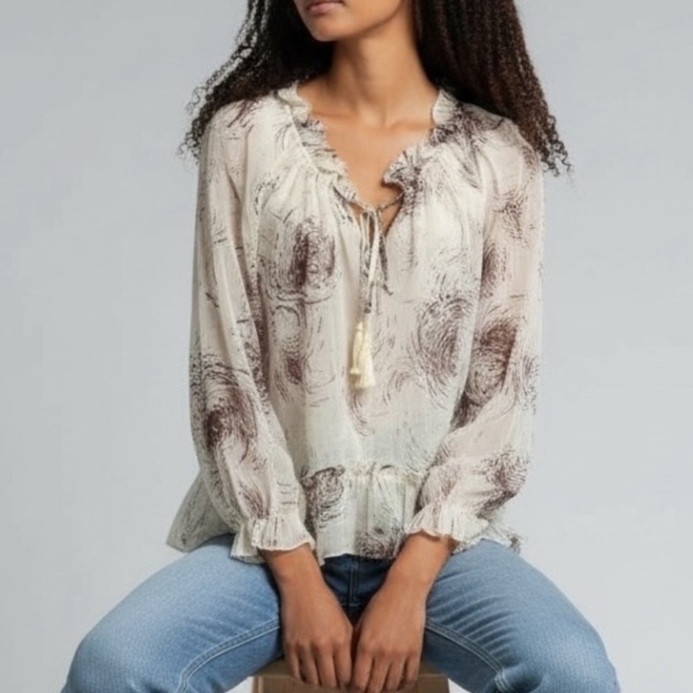 Elizabeth and James 100% Silk Ruffle Tassel Peasant Blouse Small